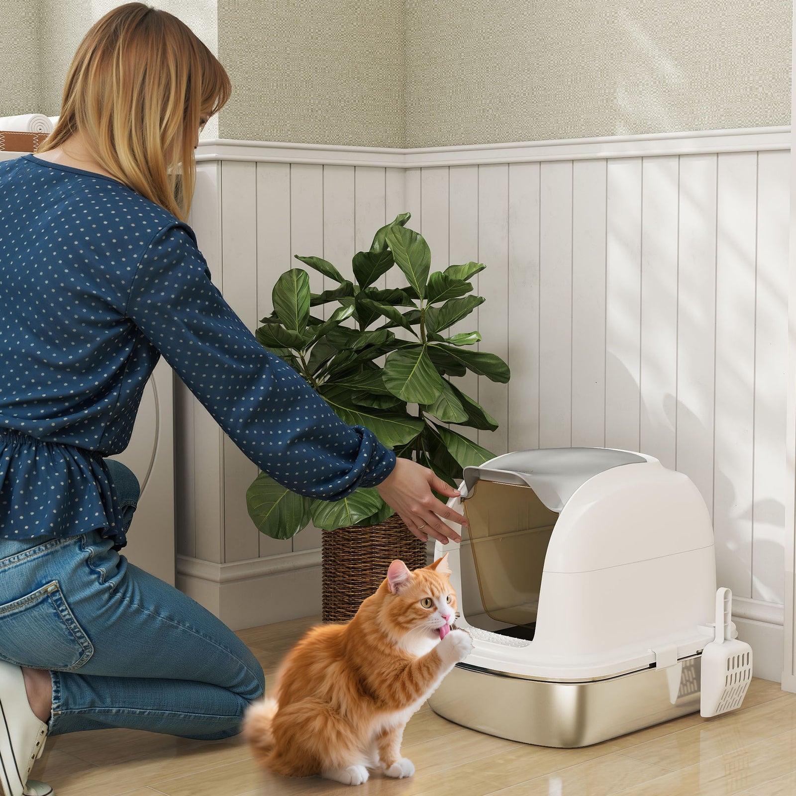 Stainless Steel Cat Litter Tray With Lid | White