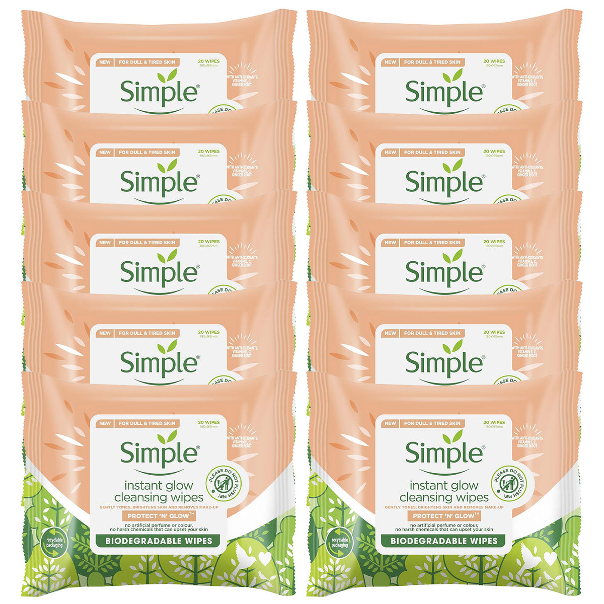 Protect 'n' Glow Instant Cleansing Wipes For Dull & Tired Skin, 10pk | Set of 10