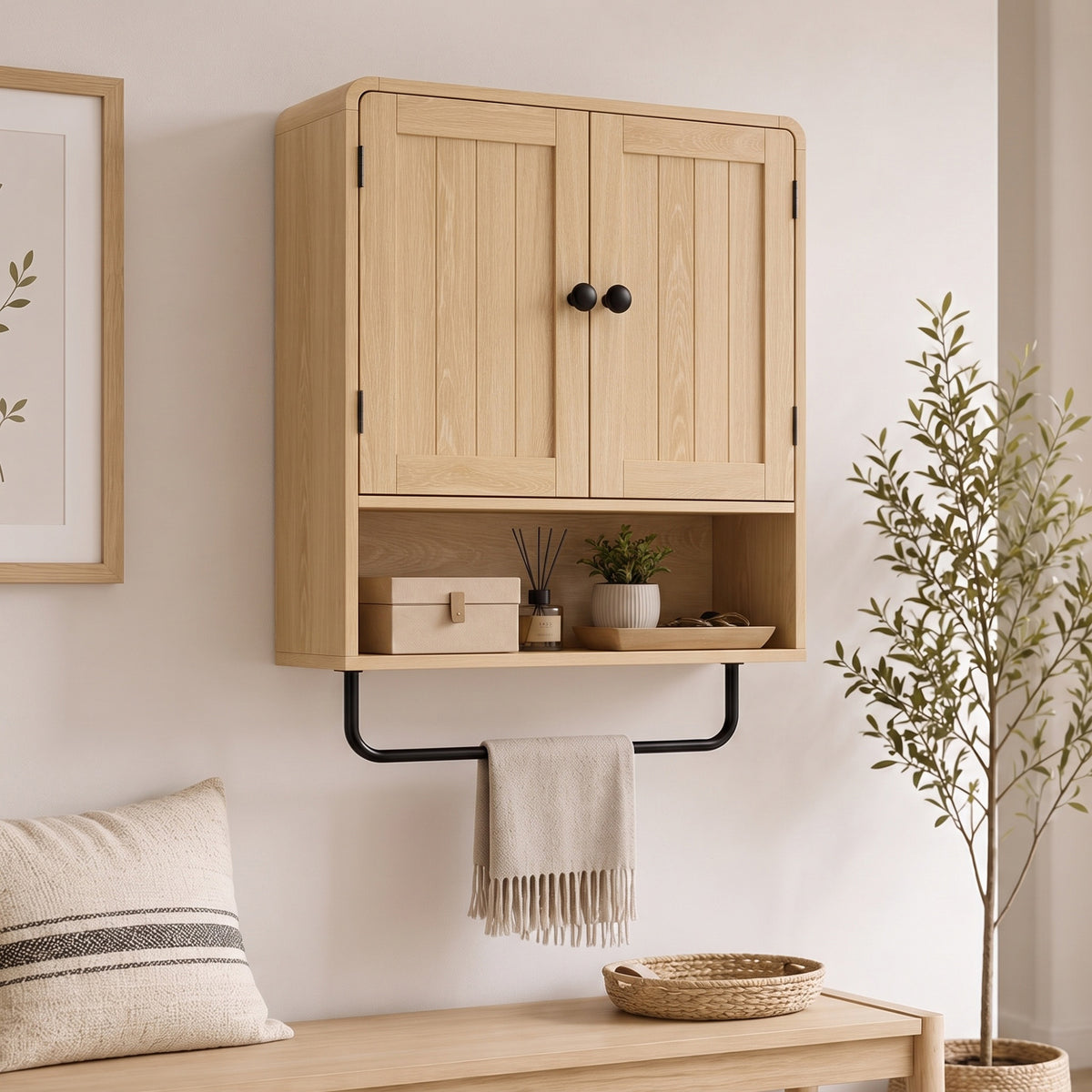 HOMCOM Bathroom Cabinet With 2 Doors And Adjustable Shelf, Oak
