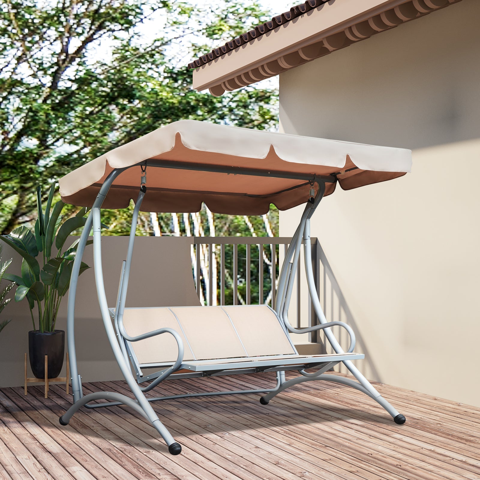 3 Seat Metal Fabric Backyard Balcony Patio Swing Chair | Beige