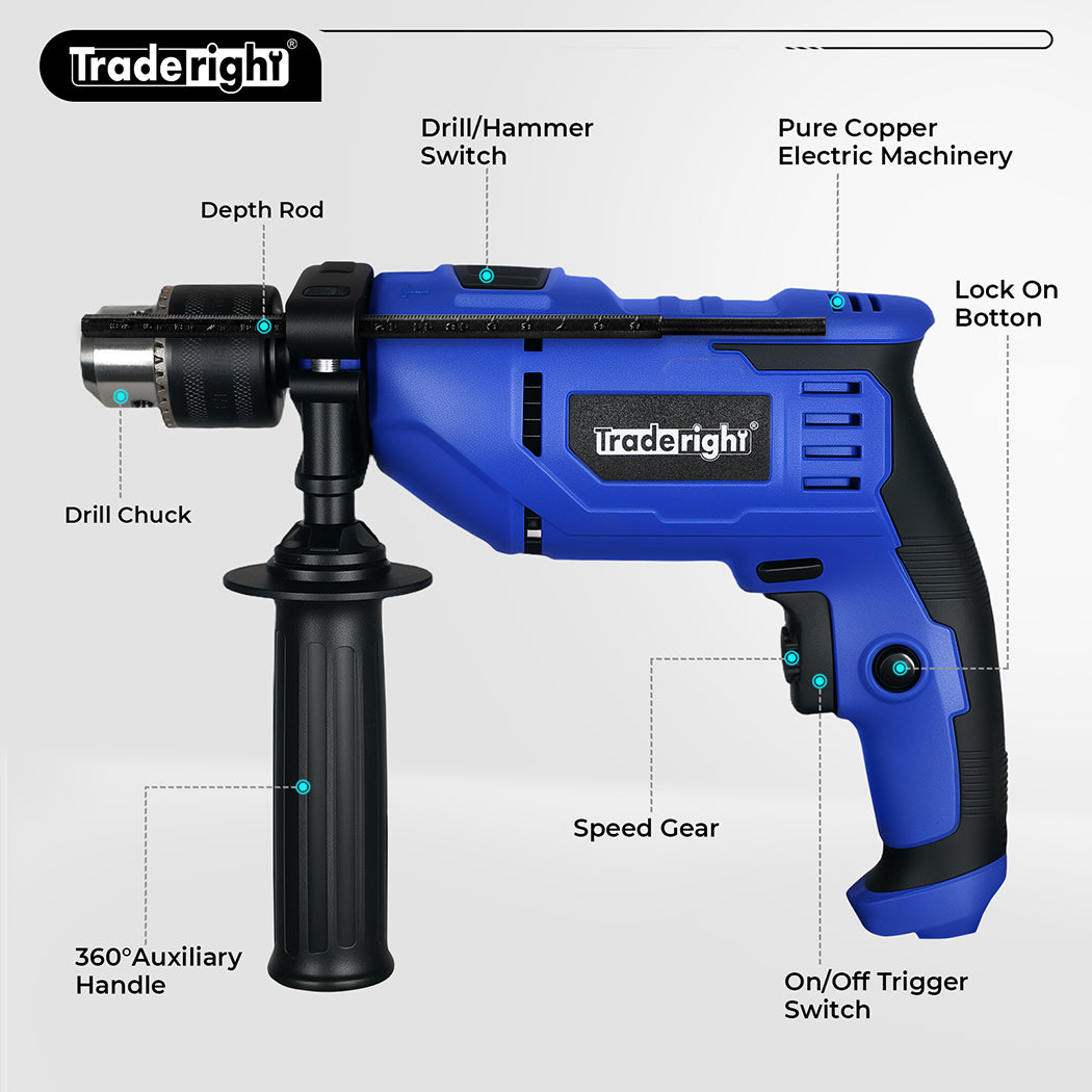 Electric Hammer Drill 13mm Chuck Powerful Variable Speed Corded Diy | Blue