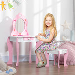 Kids Dressing Table With Mirror, Stool, Drawer, Cute Patterns - Pink | Pink