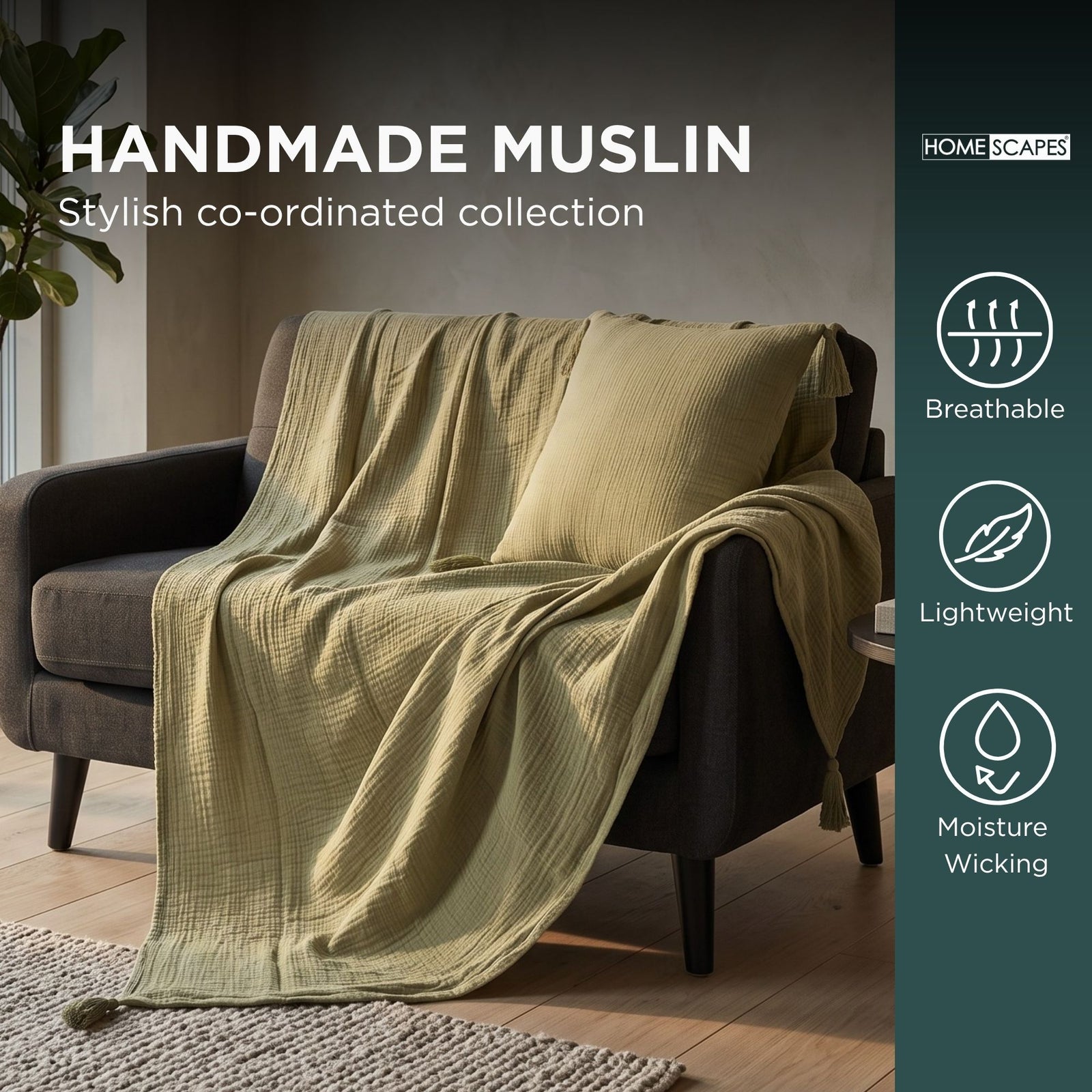Pure Handmade Cotton Muslin Cushion With Cover | 45cm x 45cm | Green