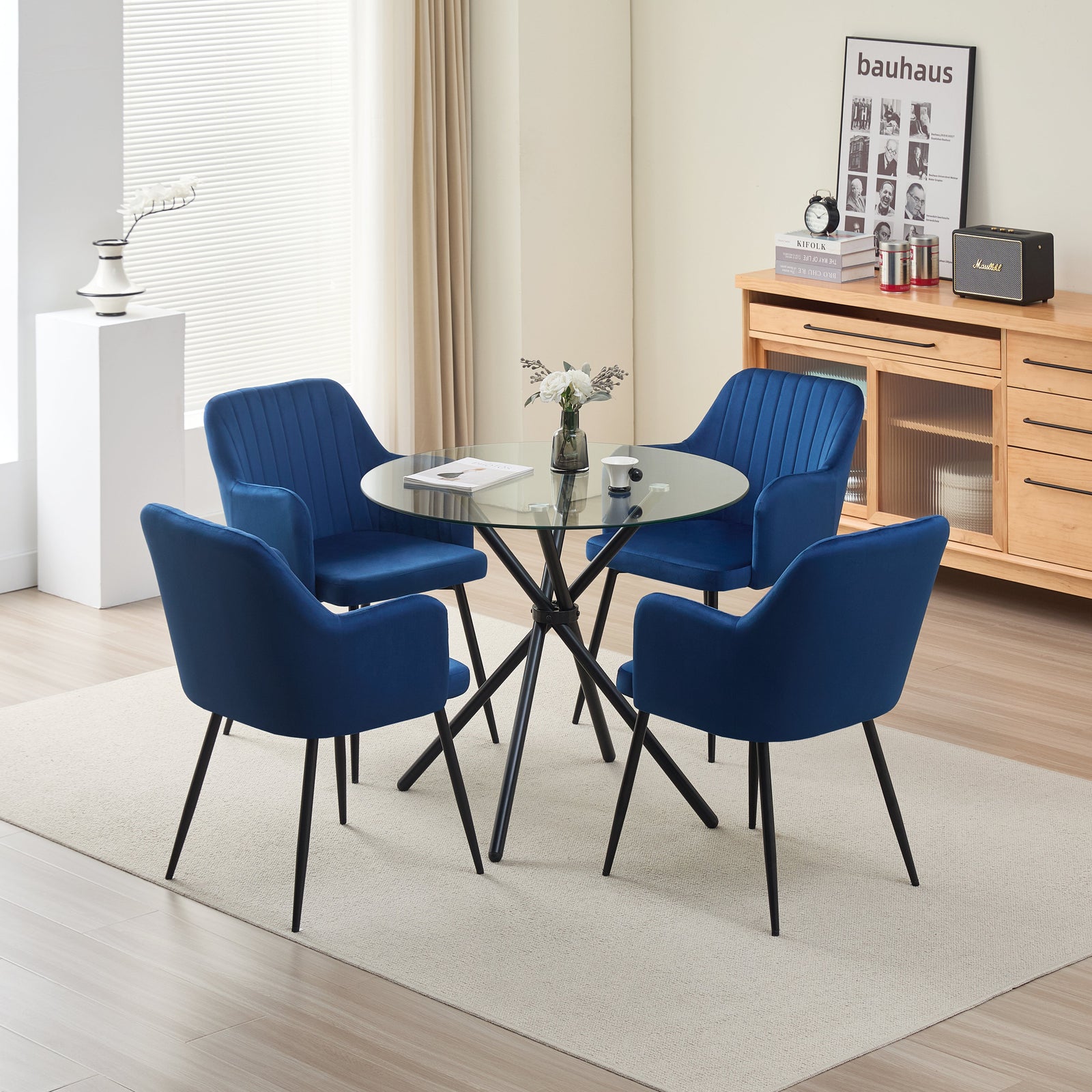 Stylish New York Dining Table Set with 4 Charlotte Velvet Chairs | Blue