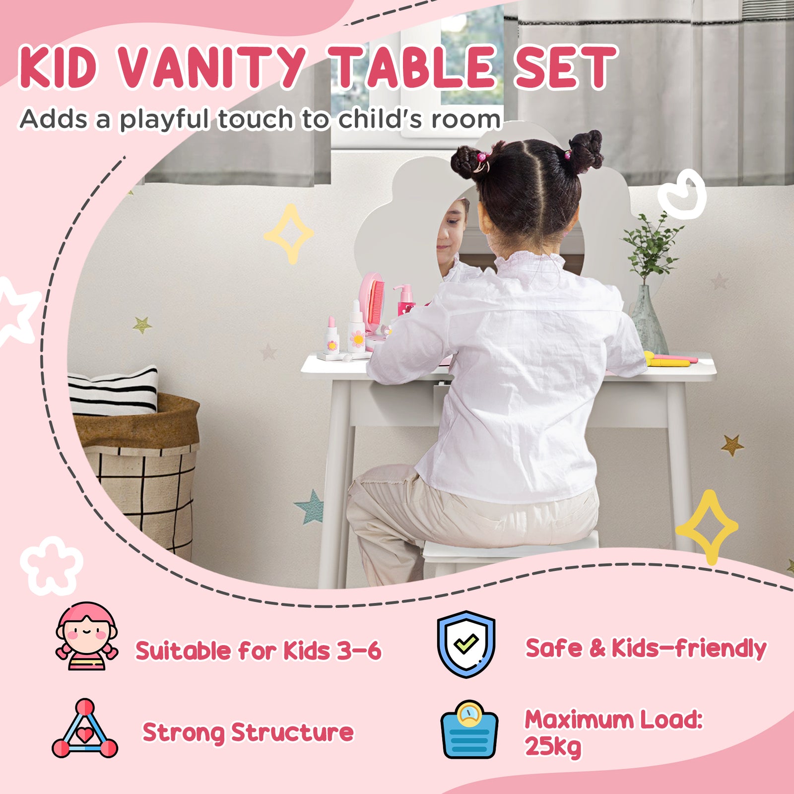 Kids Dressing Table With Mirror And Stool, Drawer, Cloud Design | White
