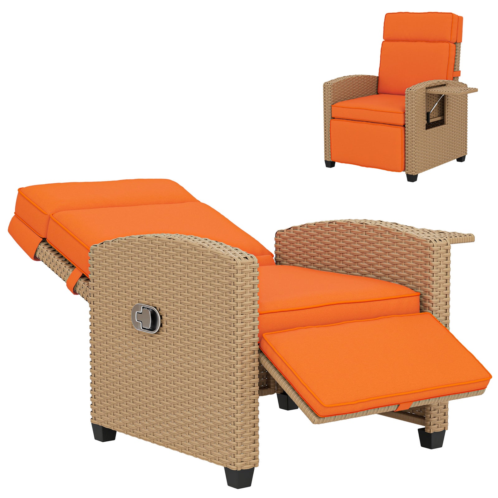 Rattan Garden Recliner Sun Lounger W/ Flip Table | Khaki & Orange