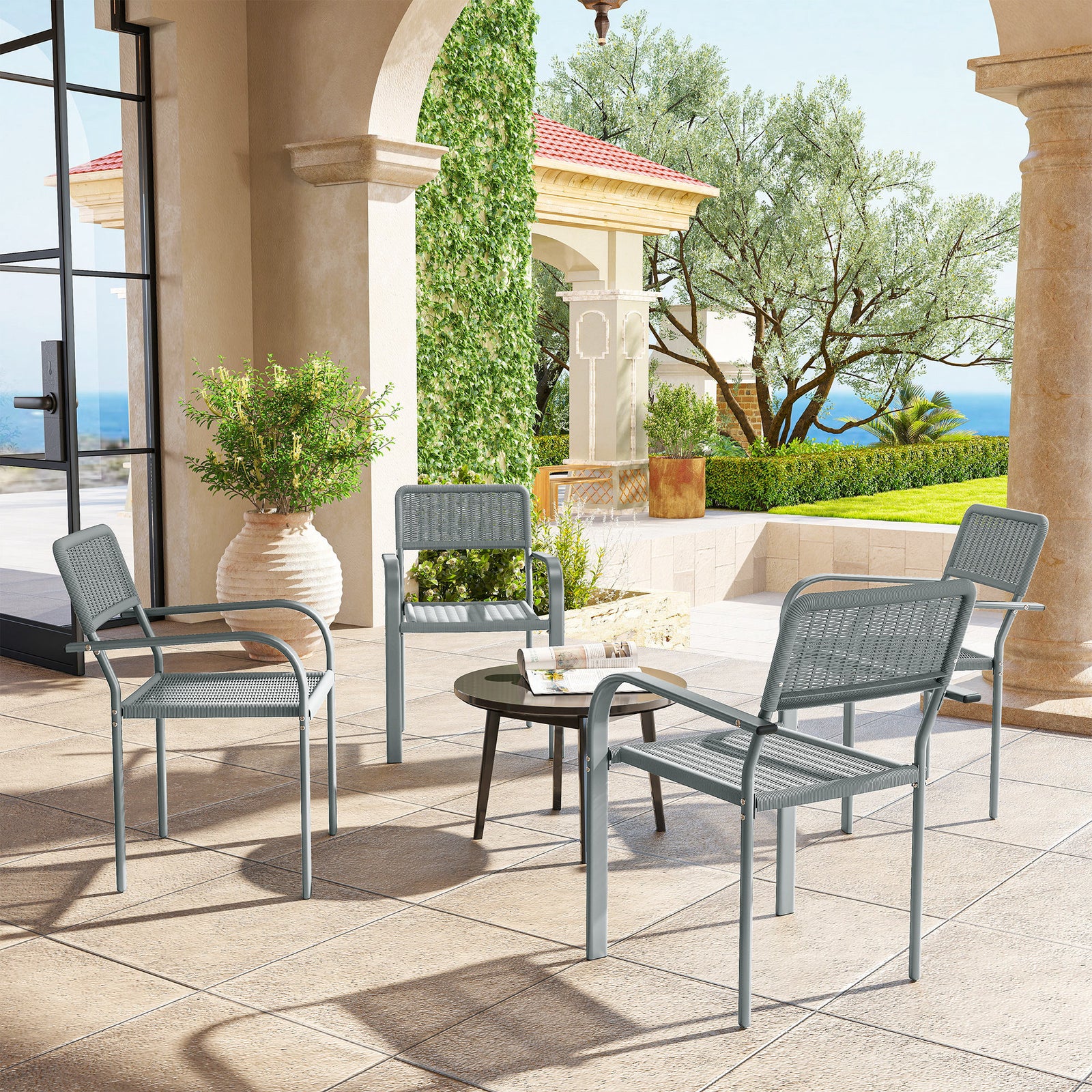 Garden Chairs Set, Stackable & Rattan Effect | Light Grey