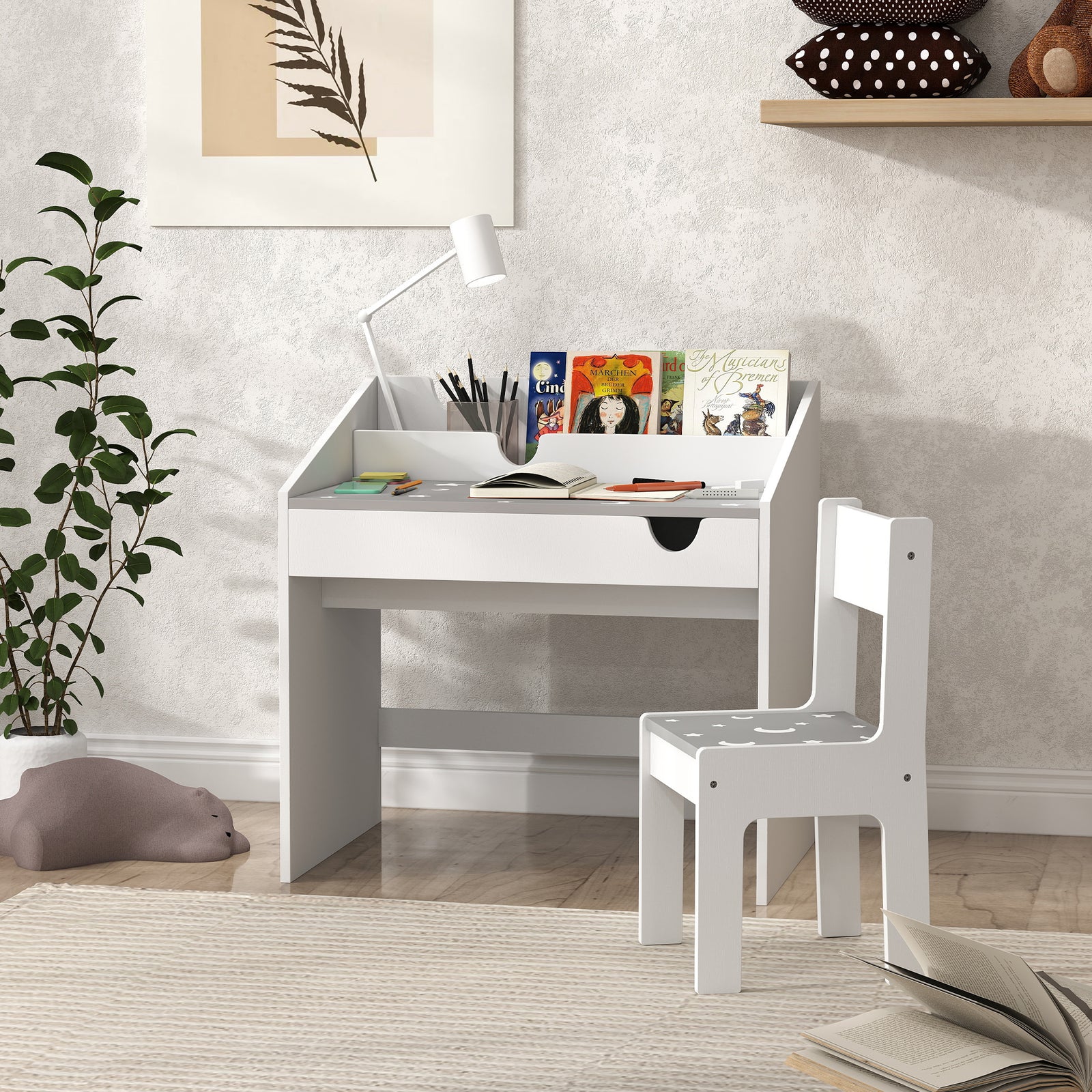 Children Study Table And Chair W/ Storage, Pull-out Drawer | Grey