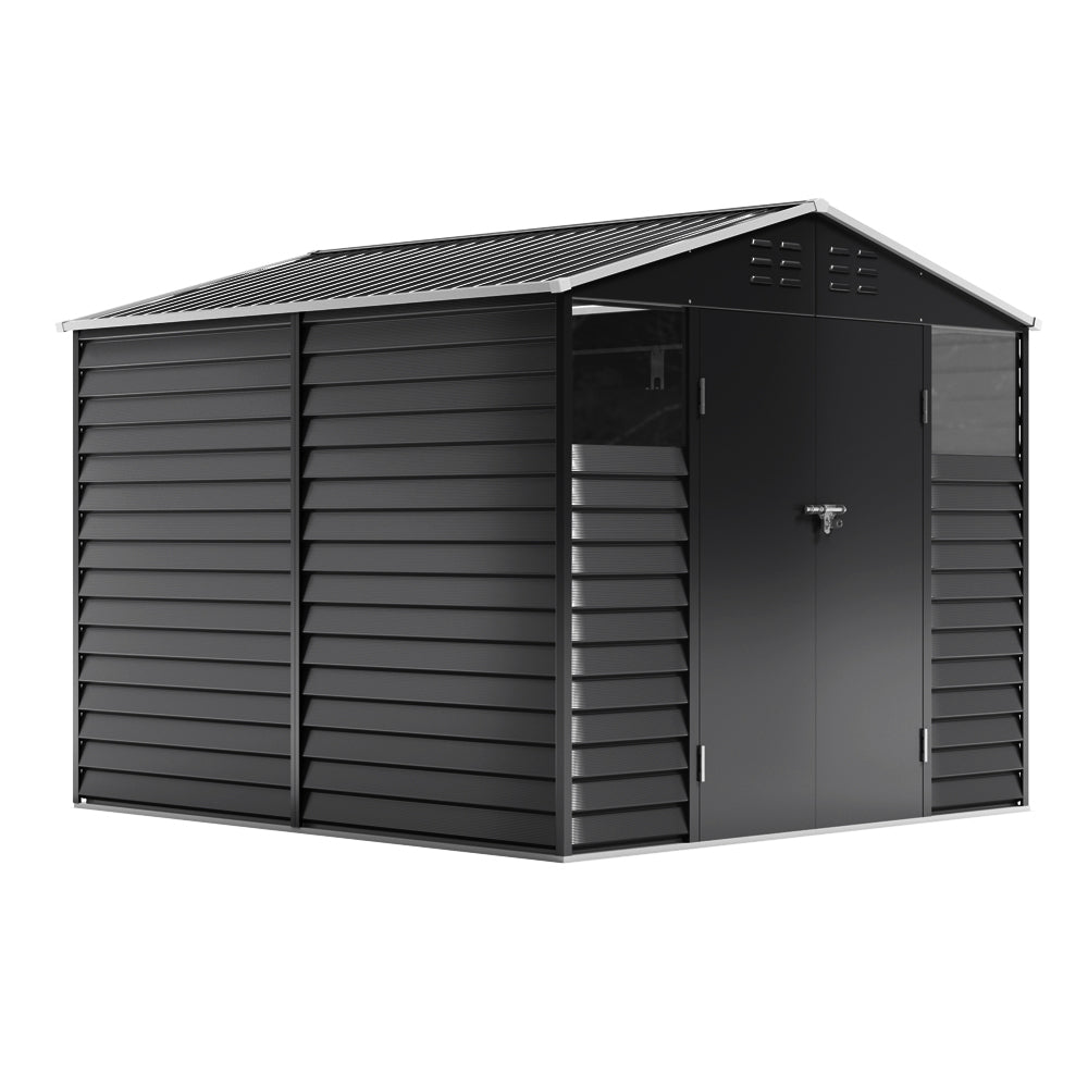 8.08 ft x 8.53 ft Durable Charcoal Steel Garden Tool Shed with Windows, Ventilation, and Shelving – Spacious, Secure Storage for Outdoor Equipment