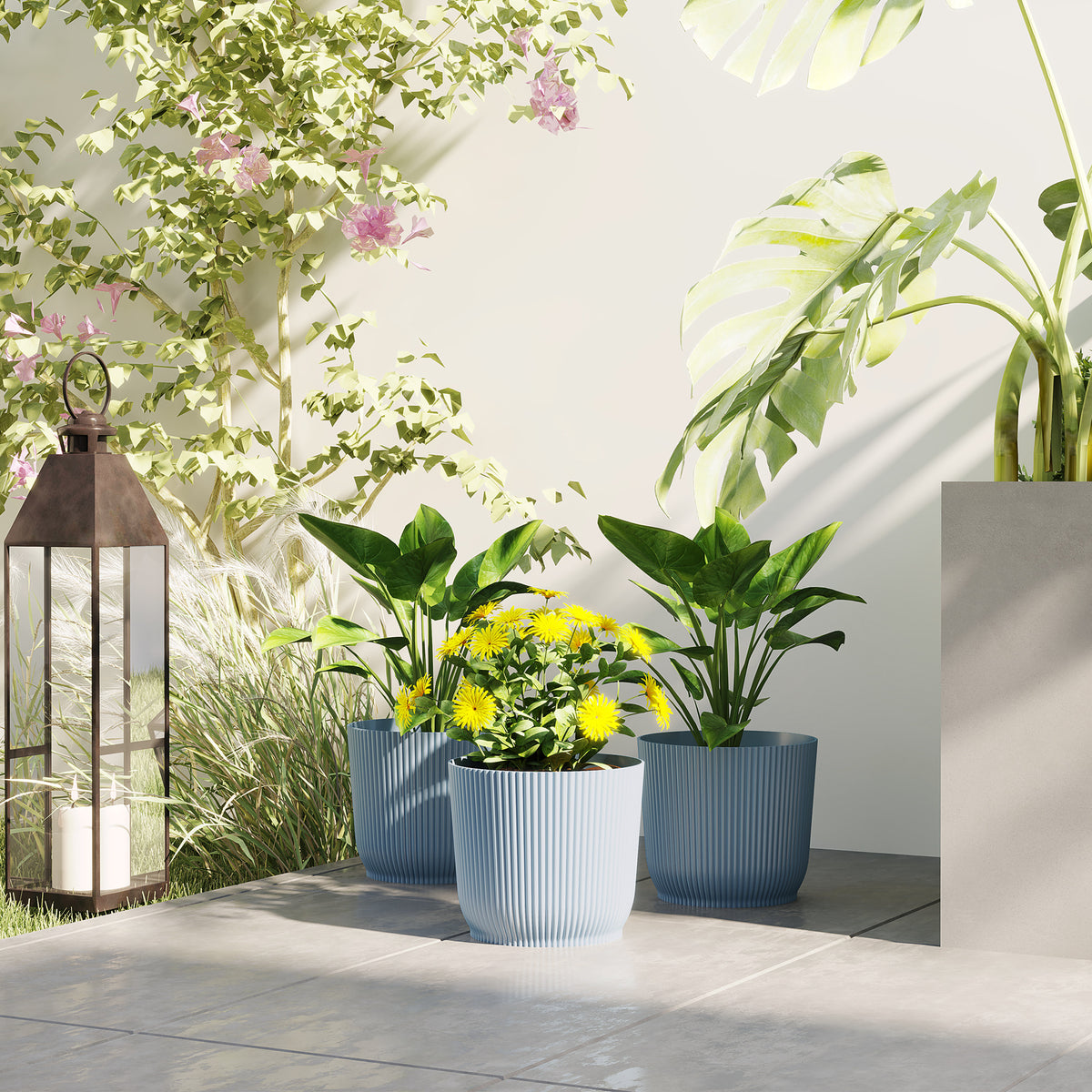 Round Plant Pots Outdoor 22cm For Garden Decoration | Set of 3 | Blue