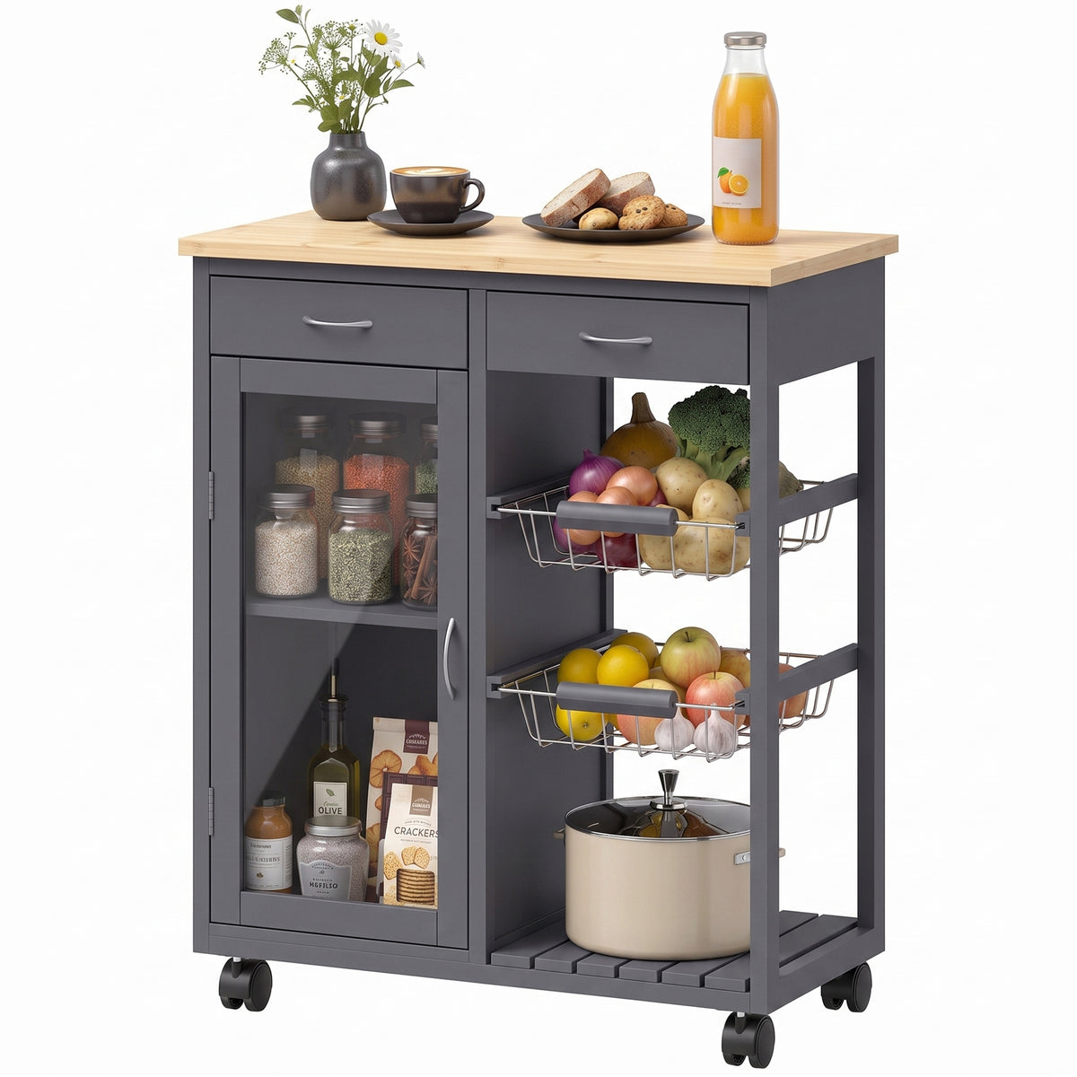 HOMCOM Bamboo Kitchen Island With Glass Door, 2 Metal Wire Baskets, Grey