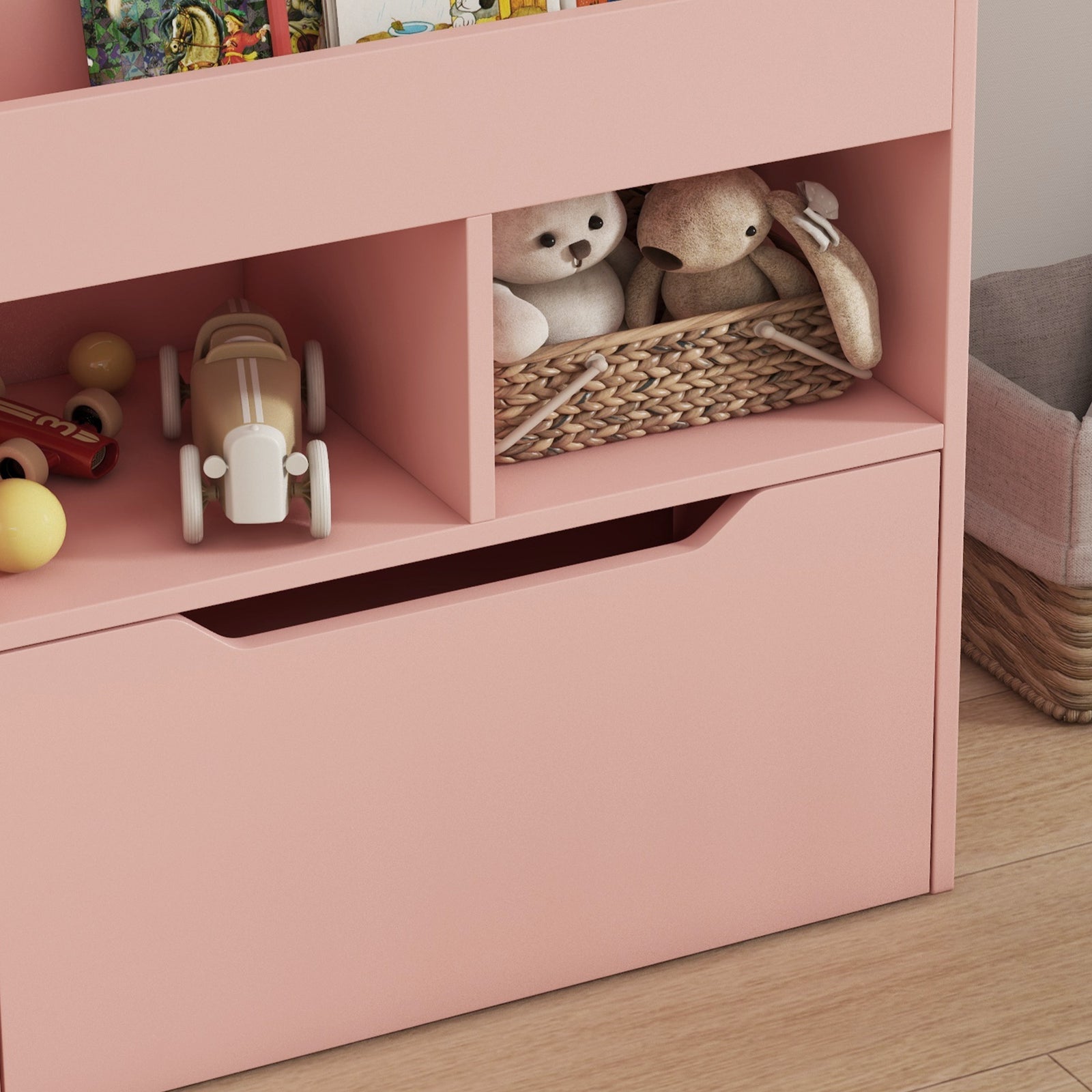 Kids Bookshelf, Toy Box W/ Storage Drawer, Wheels, For Bedroom | Pink