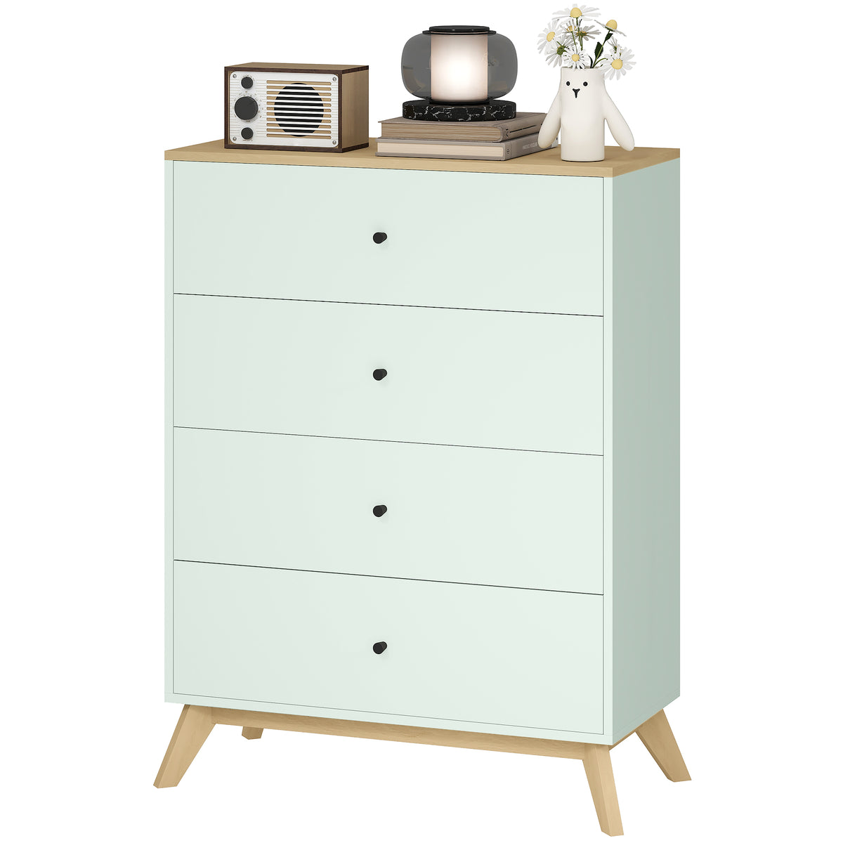 HOMCOM Chest Of Drawers, 4 Drawer Storage Cabinet, Light Green And Oak