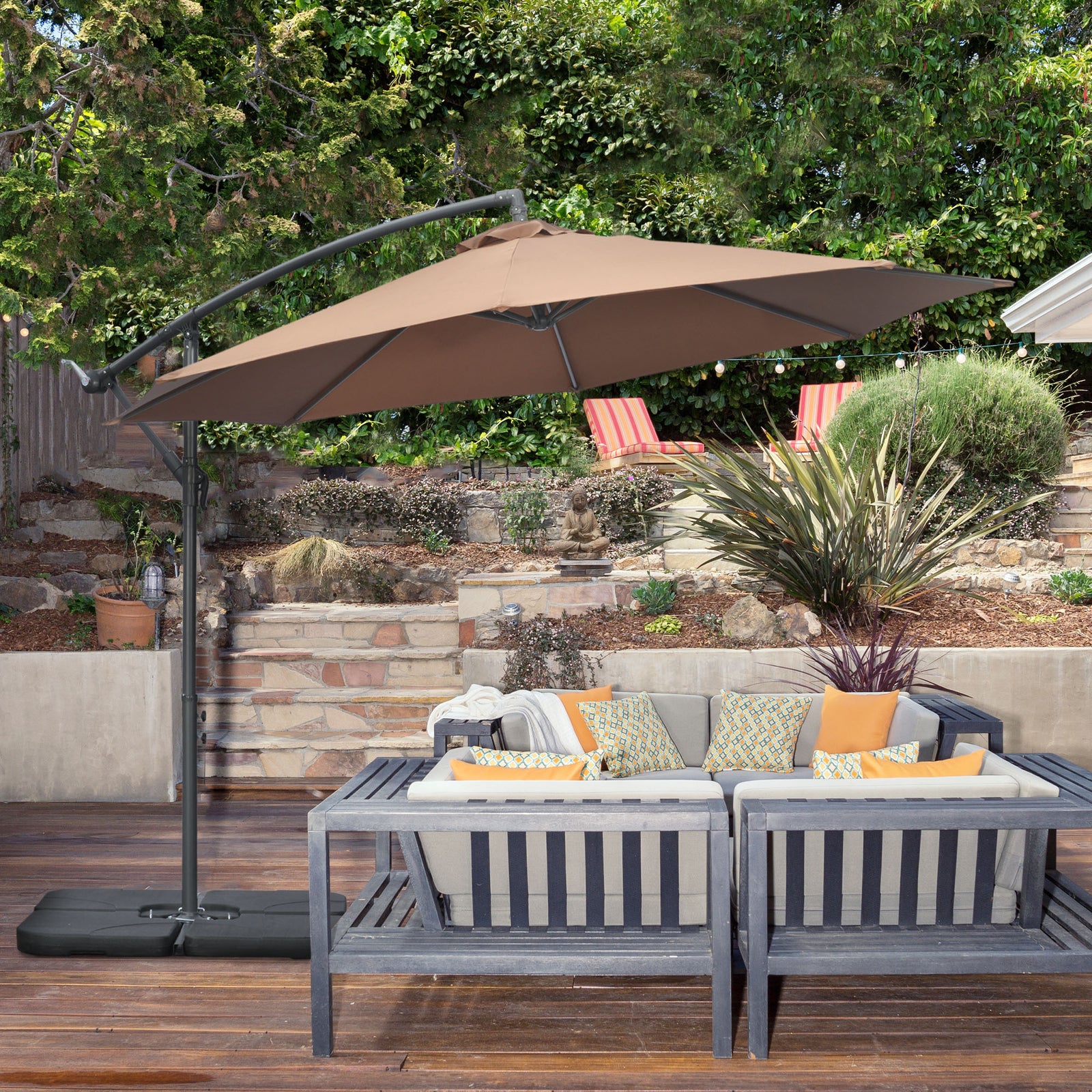 3(m) Garden Banana Parasol Cantilever Umbrella w/ Base Weights & Cover | Coffee