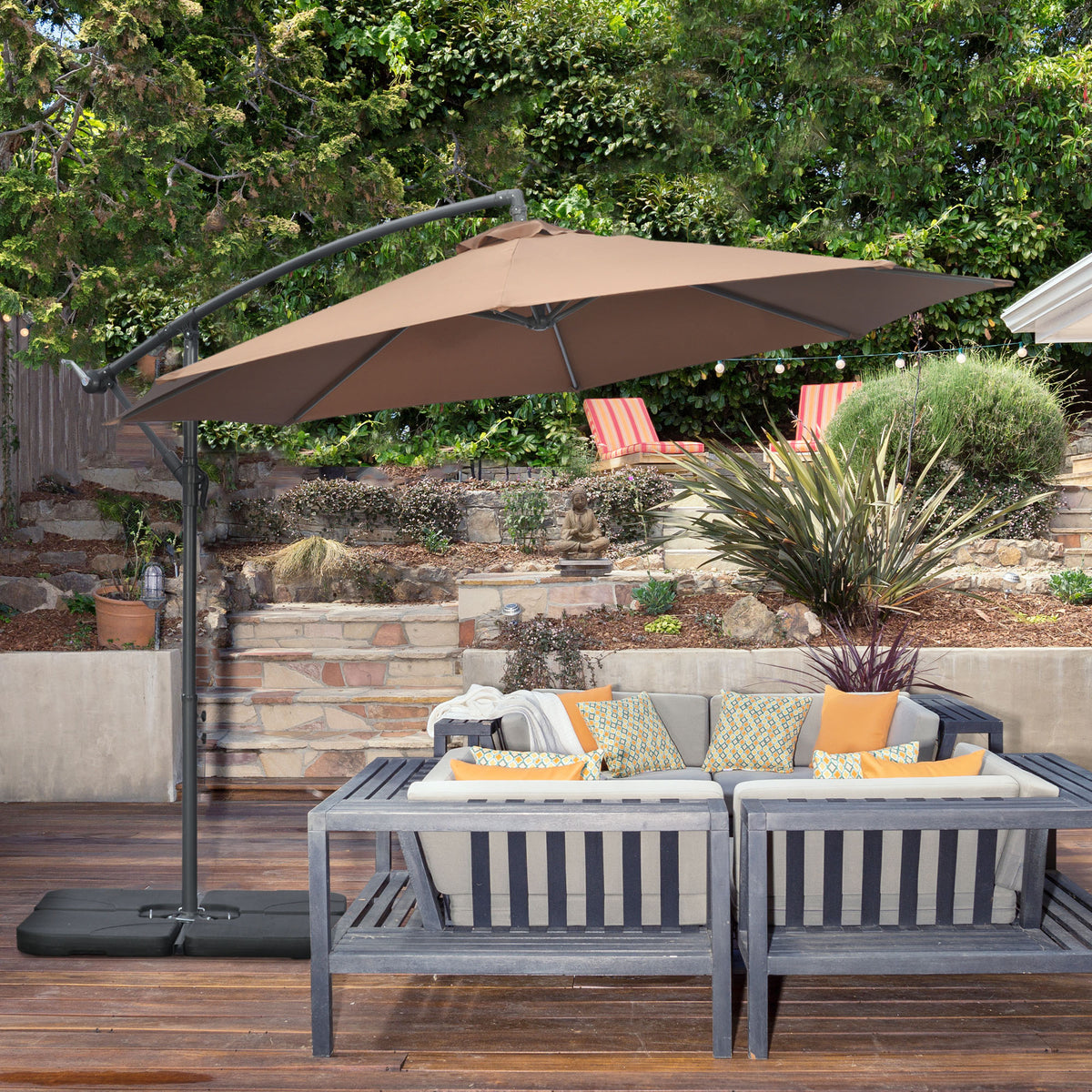 3(m) Garden Banana Parasol Cantilever Umbrella w/ Base Weights & Cover | Coffee