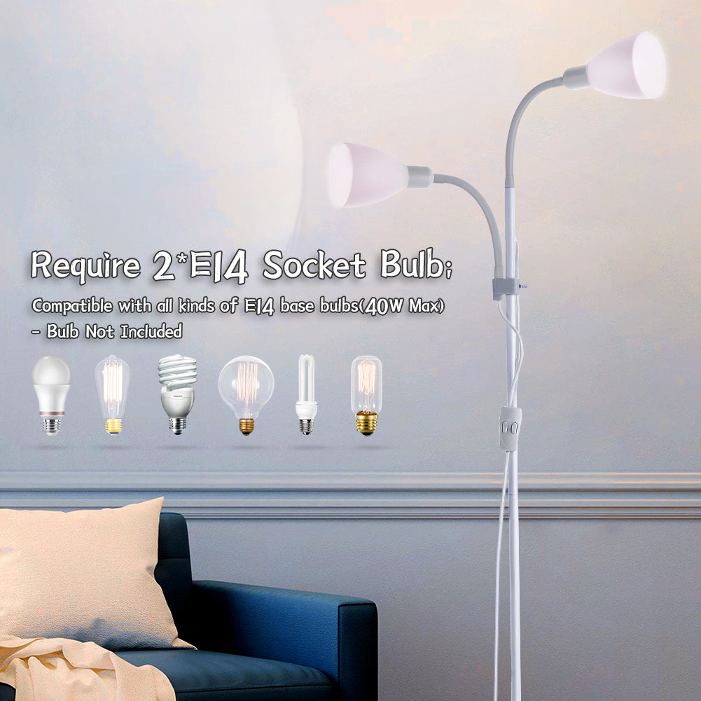 Modern Floor Lamp With Adjustable Double Heads, Metal Stand & In-line Switch | Silver Grey