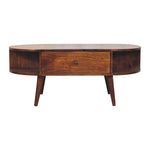 Solid Wood Chestnut Oval Coffee Table, 1 Drawer And 2 Open Slots, Dark Brown