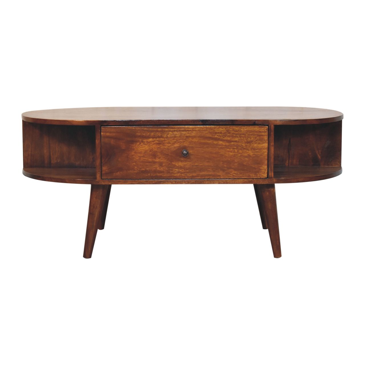 Solid Wood Chestnut Oval Coffee Table, 1 Drawer And 2 Open Slots, Dark Brown