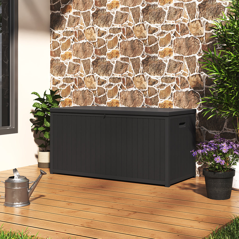 430L Large Garden Storage Box – Wooden Style Outdoor Storage Box, Waterproof, Durable & Easy to Assemble (No Wheels) | Black