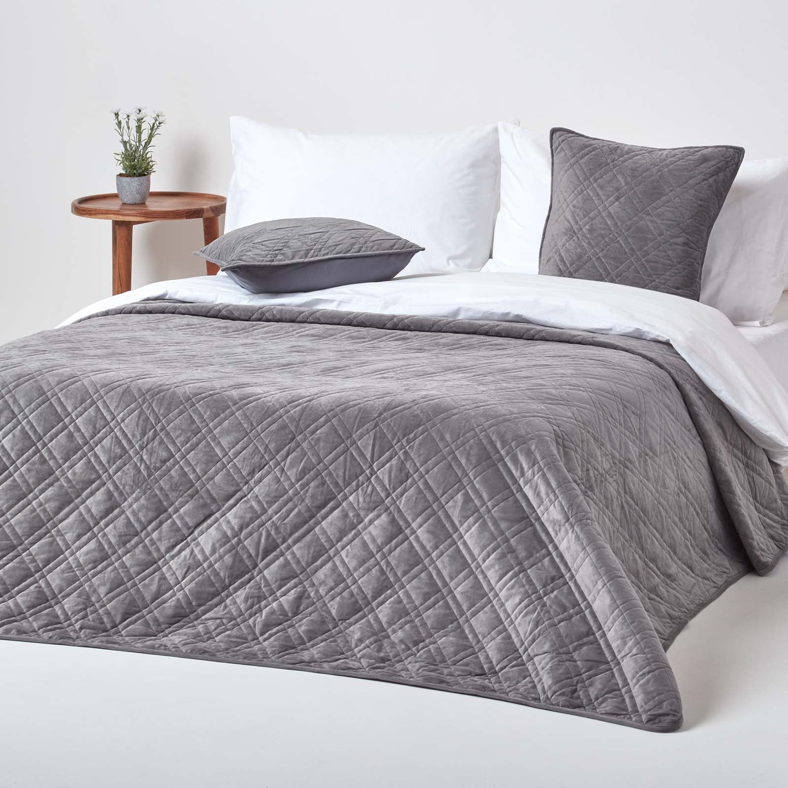 Paragon Diamond Pattern Geometric Velvet Bedspread | 200cm x 200cm | Dark Grey