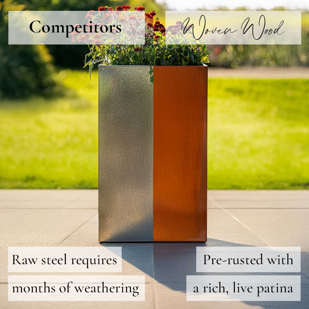 Corten Steel Tall Square Planter - Pre-rusted | 25cm x 25cm x 50cm | Brown