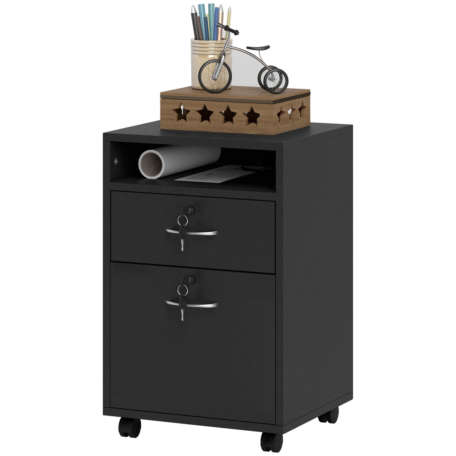 60cm Storage Cabinet With Drawers And Open Shelf | One Size | Black
