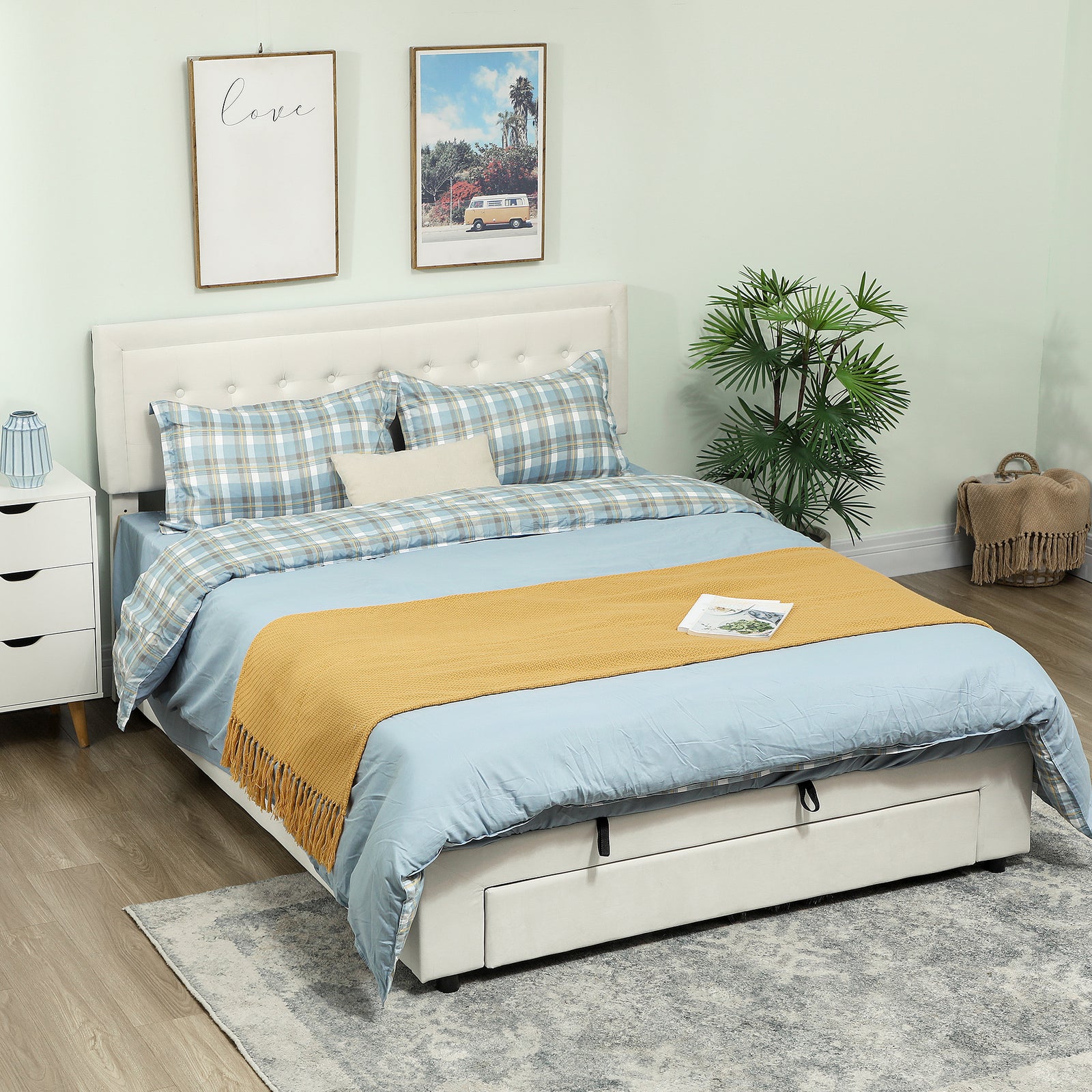 King Size Bed Frame With Storage And Adjustable Headboard | Cream