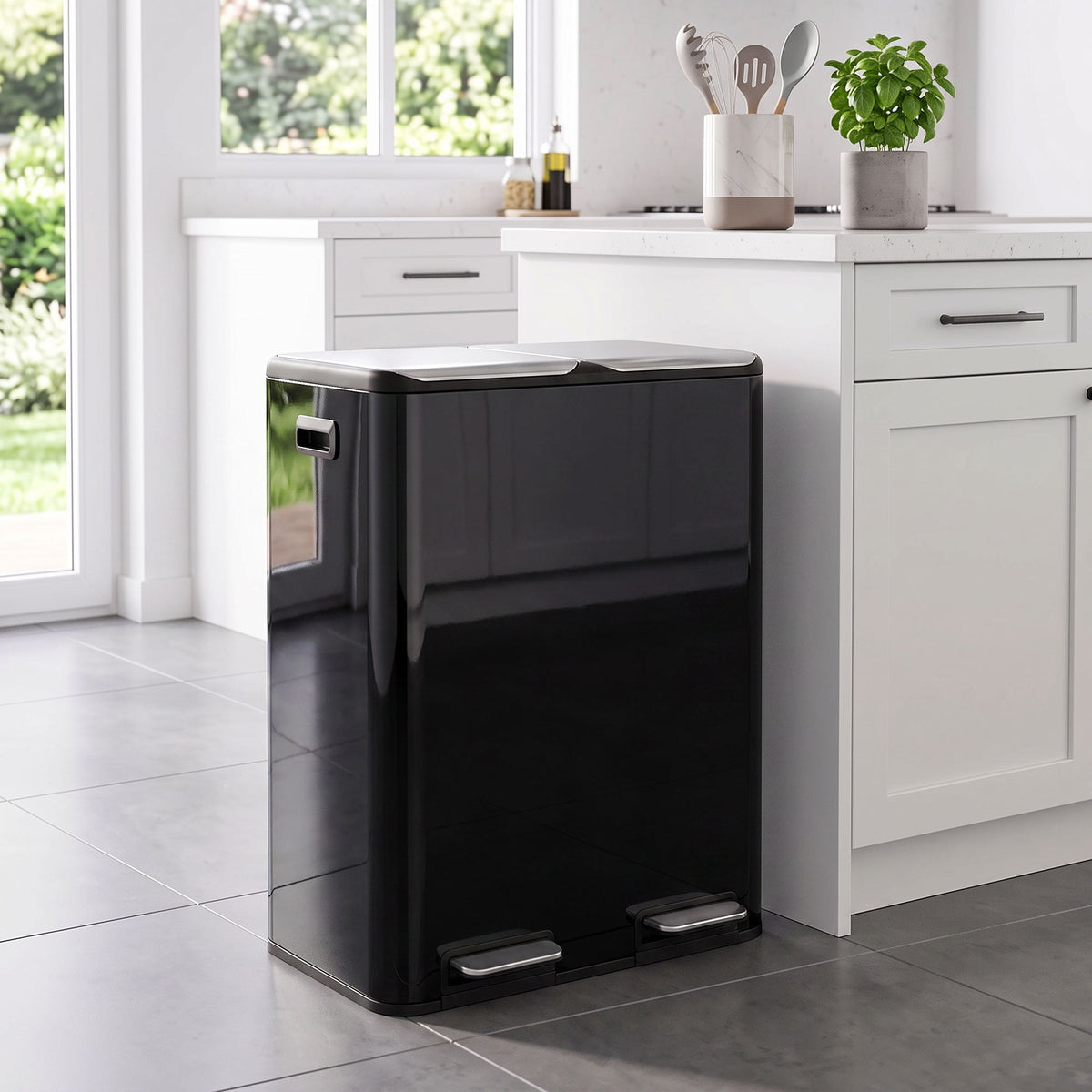 2x30l Kitchen Bin, Stainless Steel Recycling Bin | Black