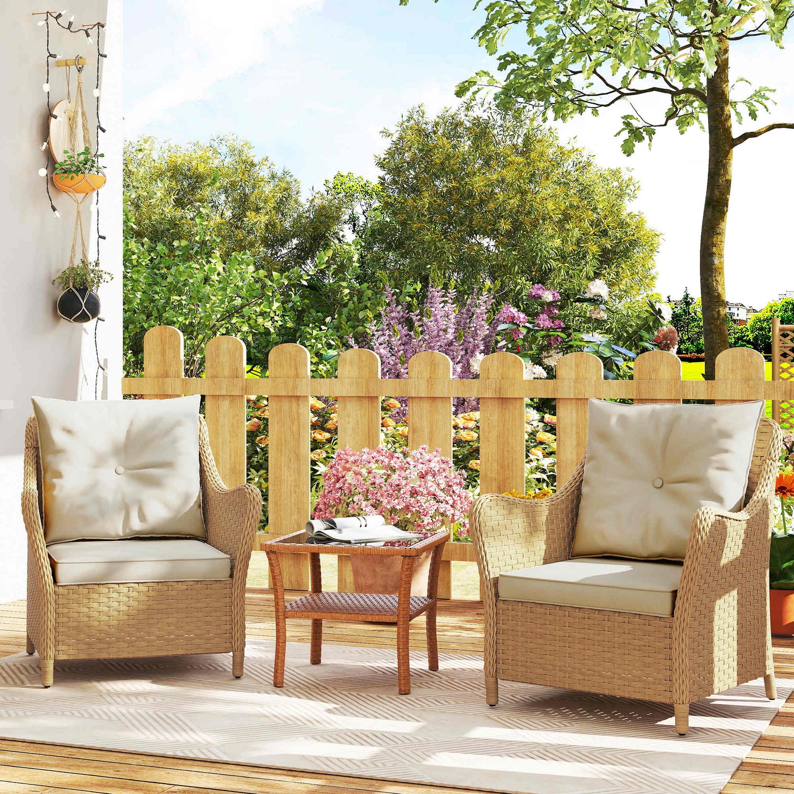 2 Pieces Rattan Garden Chairs, Cushioned Rattan Chairs | Beige