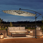 3 M Banana Patio Umbrella Cantilever Garden Parasol With Solar-powered 32 Led Lights, Crank For Opening Closing With Cross Base | One Size | Beige