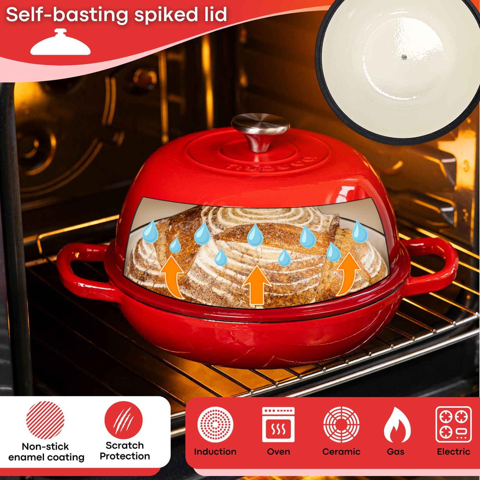 Enamelled Cast Iron Dutch Oven Bread Pot, 22cm (5.6l) | Red