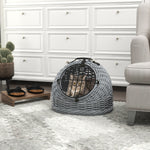 Wicker Cat Basket W/ Mat Handle Kitten Pussy Enclosed Bed Portable - Grey