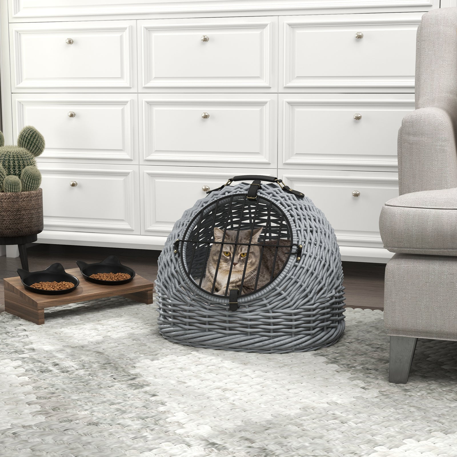 Wicker Cat Basket W/ Mat Handle Kitten Pussy Enclosed Bed Portable - Grey