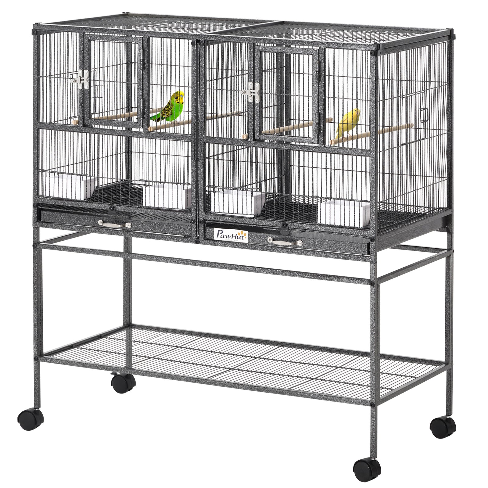 Double Rolling Bird Cage With Removable Metal Tray And Storage Shelf