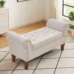 Linen Upholstered Storage Bench With Nailhead Trim & Wooden Legs – Modern Entryway Or Bedroom Seat 106cm W | Beige