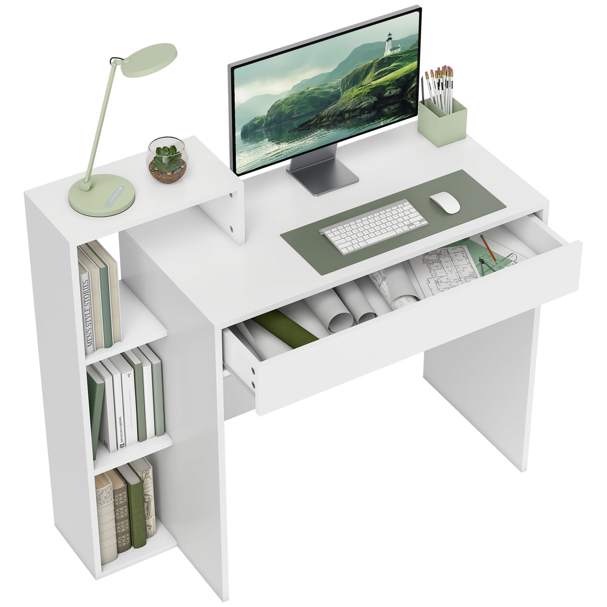 HOMCOM Computer Desk With 3 Open Shelves And Drawer, White