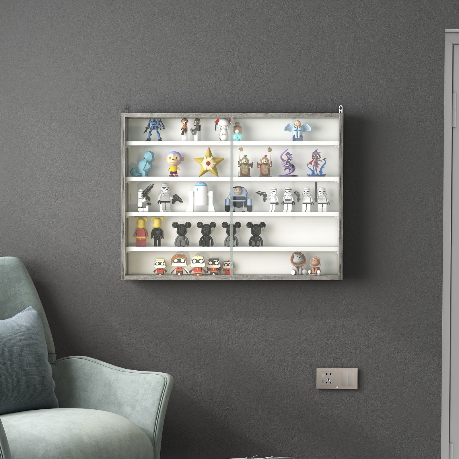 5-tier Wall Display Shelf Unit Cabinet Shelves Glass Doors | One Size | Gray