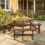 6 Person Fir Wood Table Bench Set Outdoor Garden Patio, Carbonized | Brown
