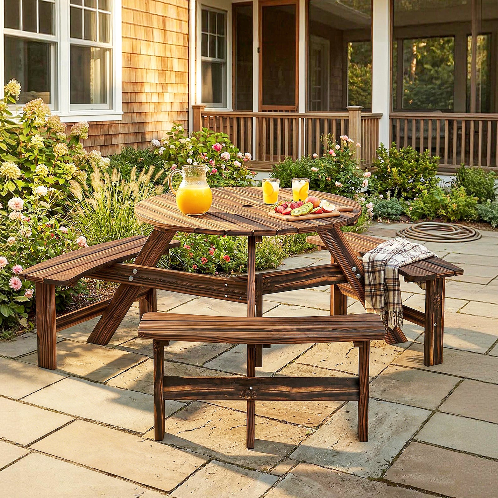 6 Person Fir Wood Table Bench Set Outdoor Garden Patio, Carbonized | Brown