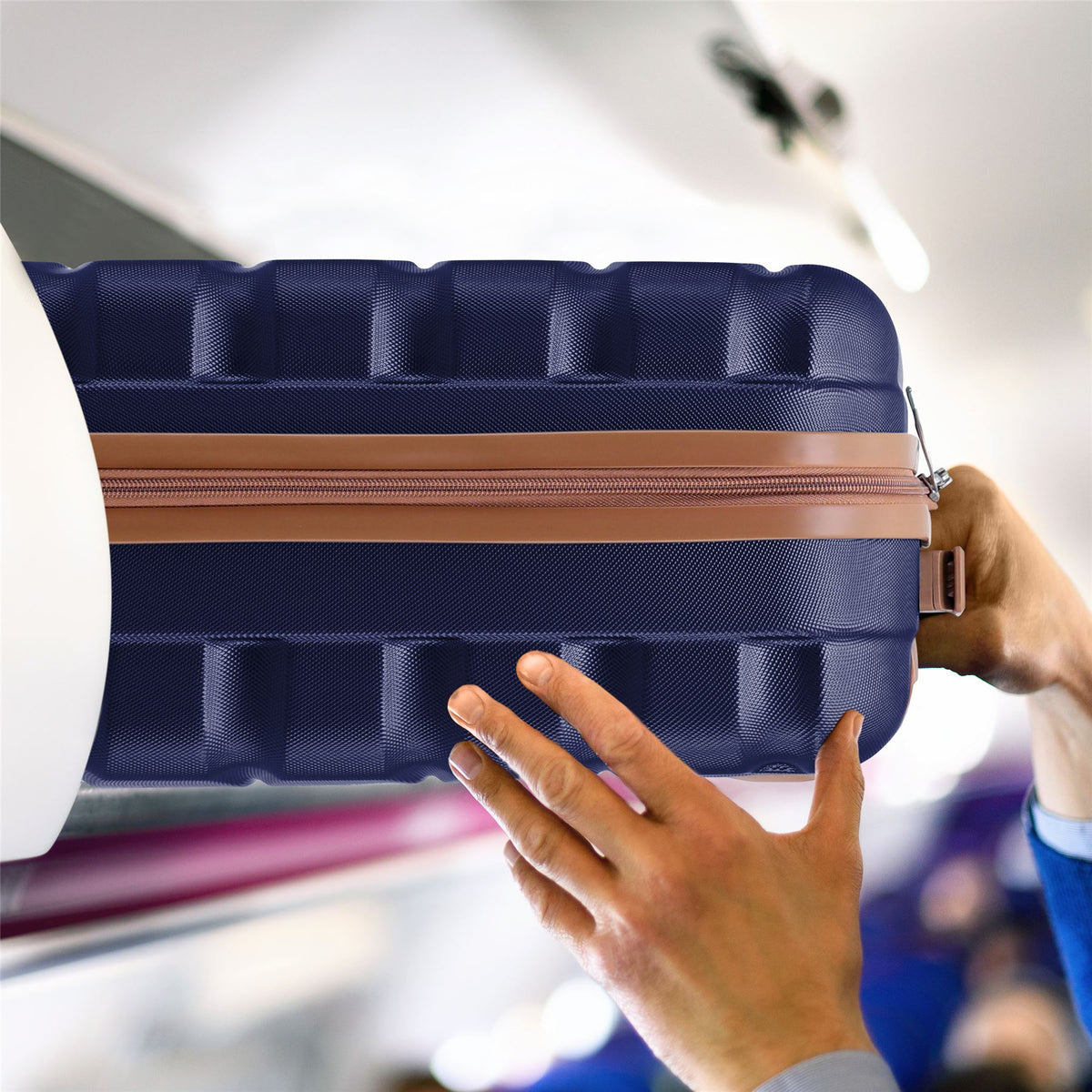 Set Of 3 Hard Shell Suitcase Cabin & Check In Cases With Tsa Lock - Overhead Cabin With Medium & Large Check-in Bag | Set of 3 | Navy & Tan