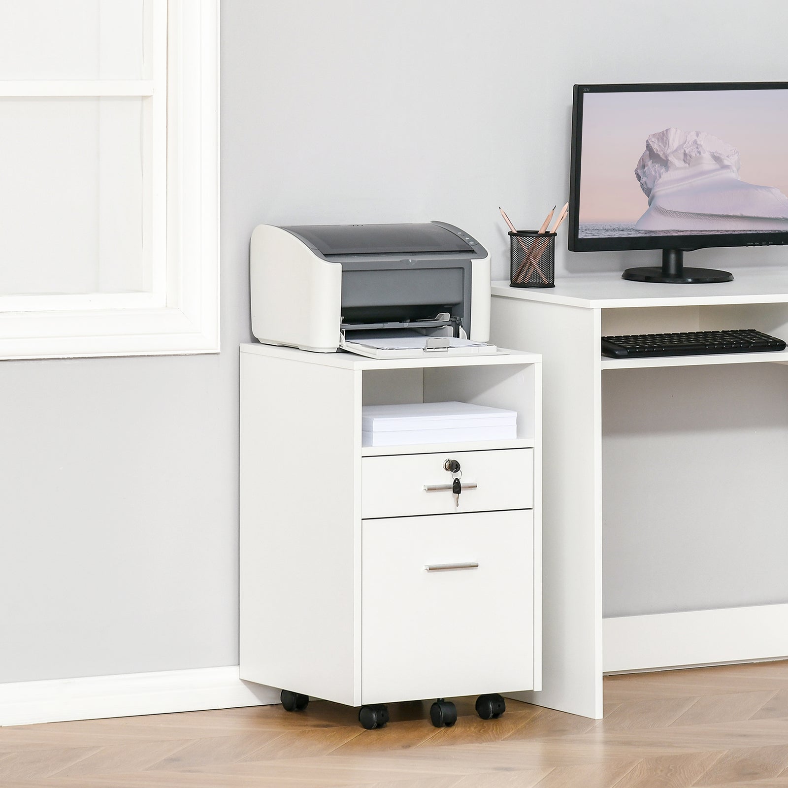Mobile File Cabinet Lockable Documents Storage With Wheels | One Size | White