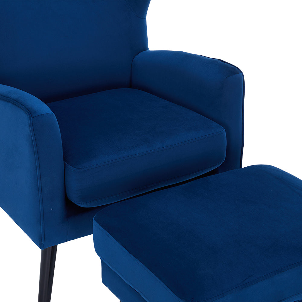 Velvet Upholstered Leisure Chair With Footstool – Accent Armchair With Wooden Frame | Blue