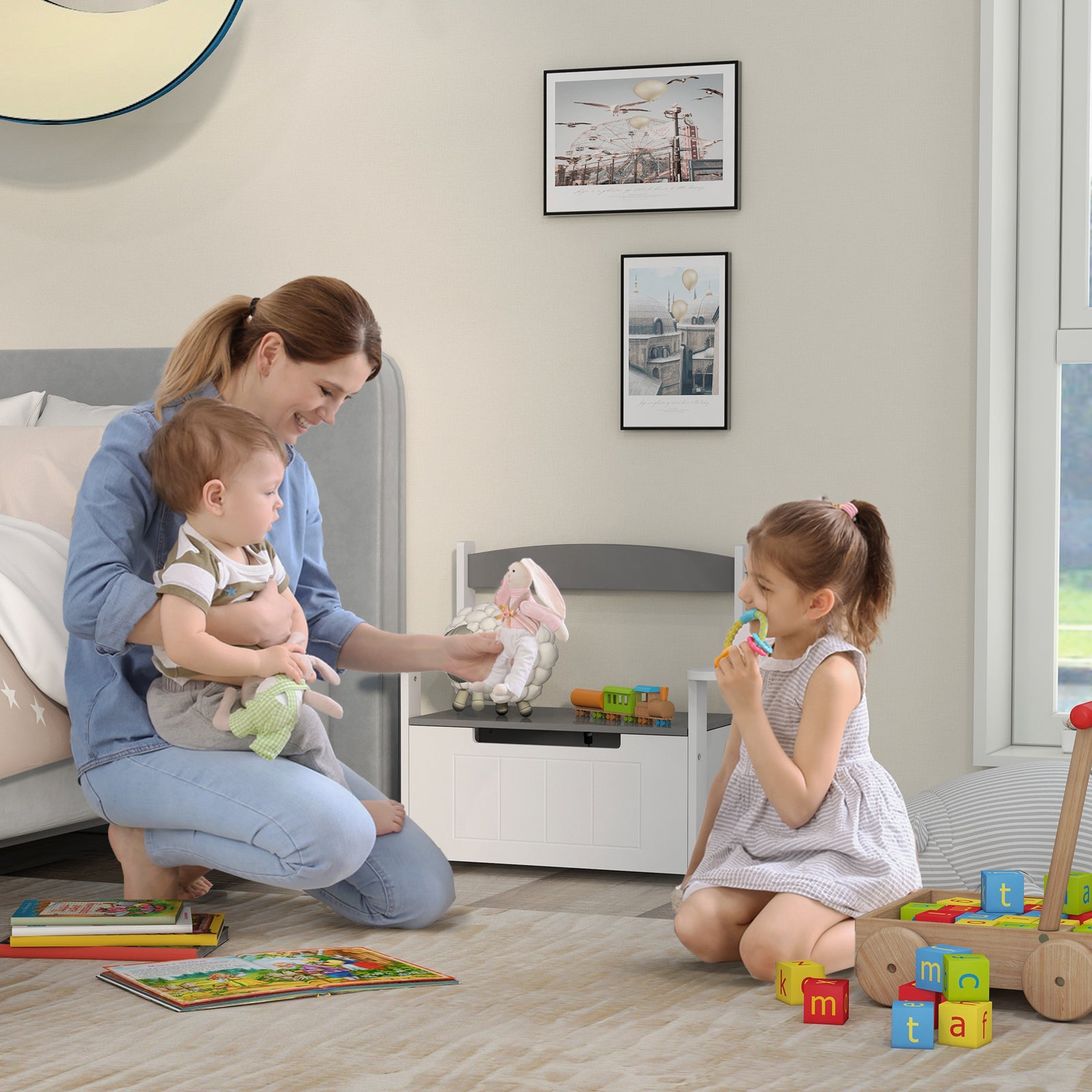 2 In 1 Toy Box For Kids With Safety Lid For Bedroom, Nursery | Grey