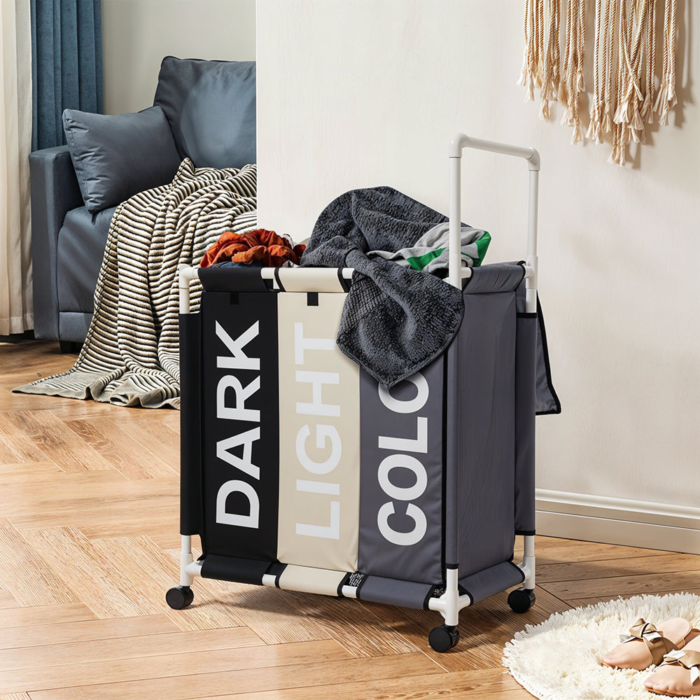 110l 3-section Laundry Basket With Lid And Wheels