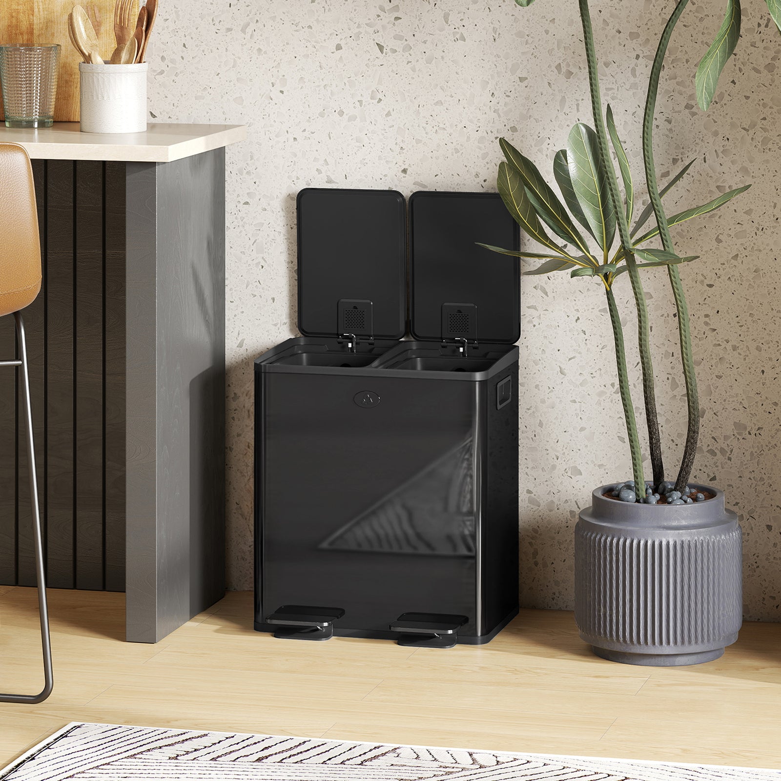 2 X 20l Dual Rubbish Bin Pedal Bin For Recycling And Waste | Black