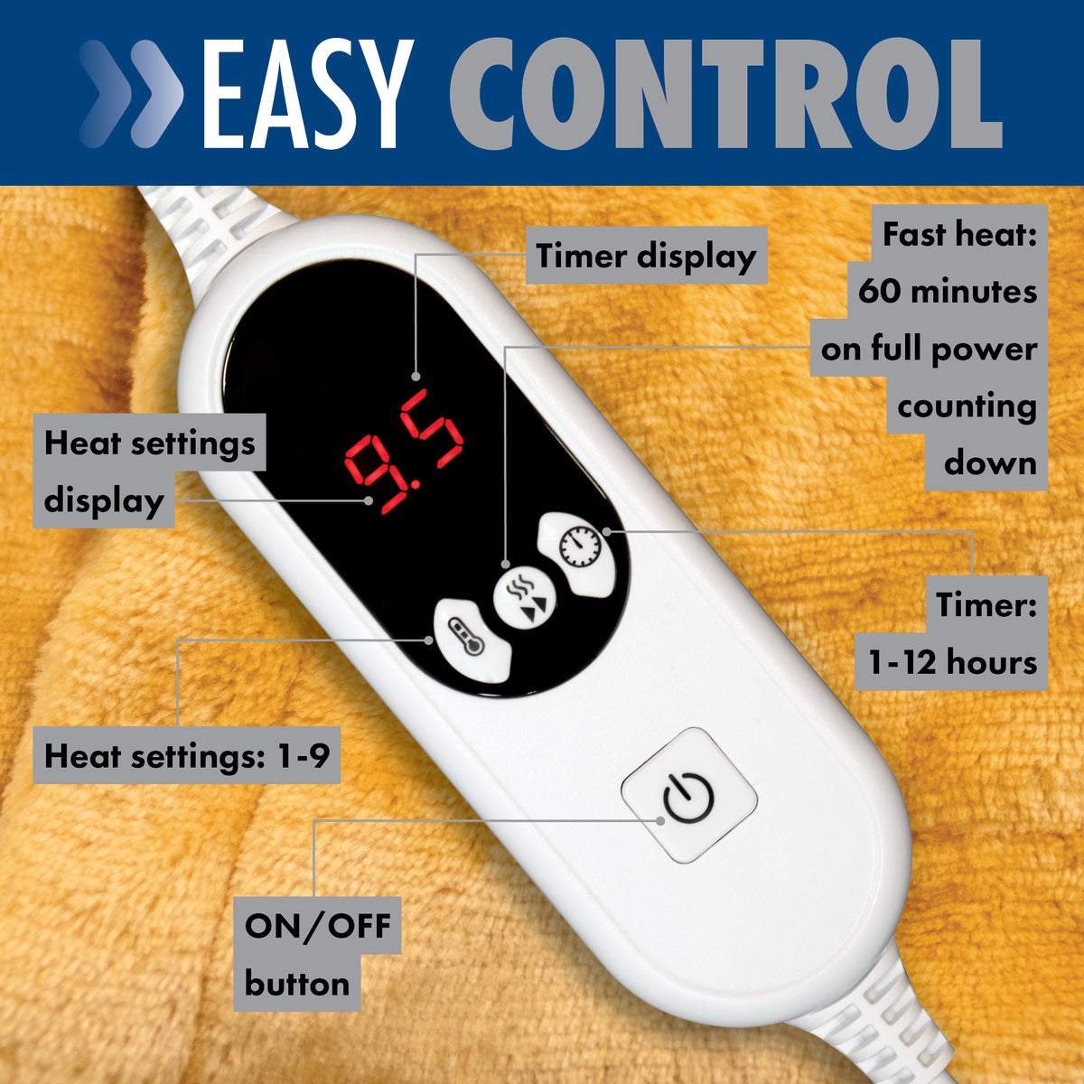 Deluxe Electric Throw Heated Double Over Blanket Soft Fleece 9 Heat & 12 Timer Settings | L | Gold