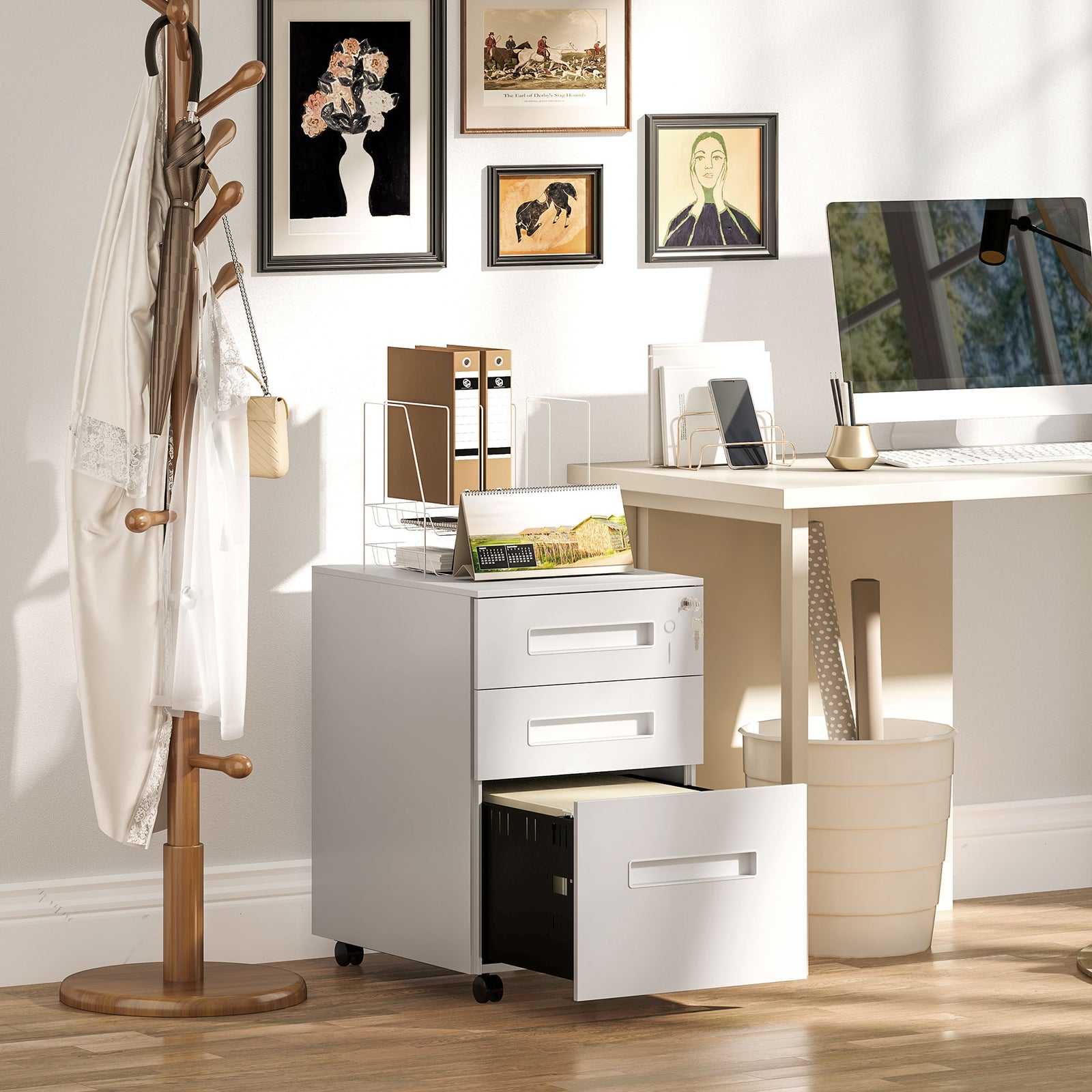Lockable Mobile Filing Cabinet W/ 3 Drawers | Large | White
