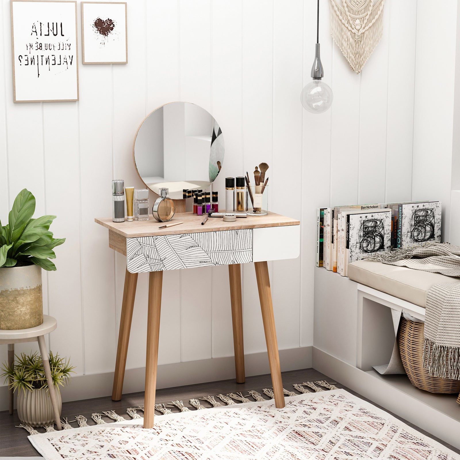 Wooden Compact Dressing Table W/ Drawer Mirror 4 Legs