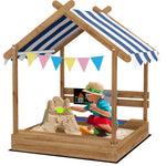Sand Pit With Canopy, Blackboard, Toys, Sink, Seats, Flags For Kids | Brown