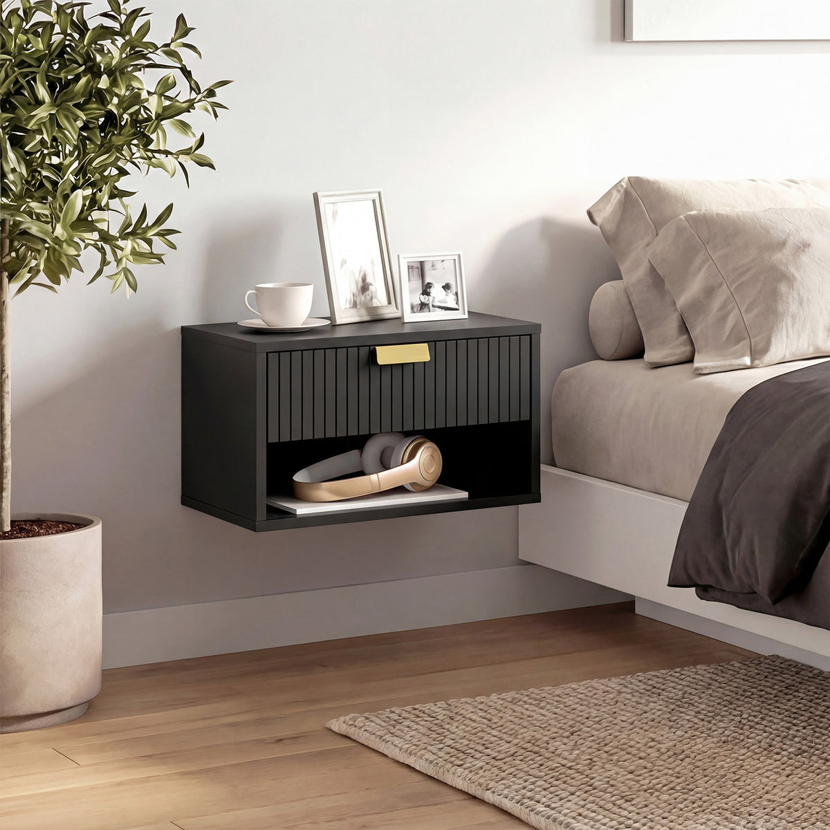 HOMCOM Floating Bedside Tables Set Of 2 With Fluted Drawer Open Shelf